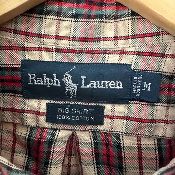 Ralph Lauren Plaid Mens BIG Shirt Medium 100% Cotton Blue Pony Preppy Academic - Picture 2 of 8